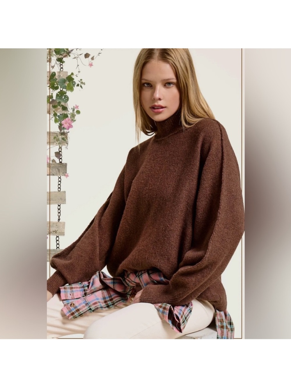 132. Chocolate Brown Oversized Turtleneck Slouchy Knit Sweater
